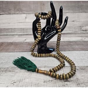 Vintage Tibetan Wooden Buddhist Prayer Beads Mala Necklace Green Tassel Gift